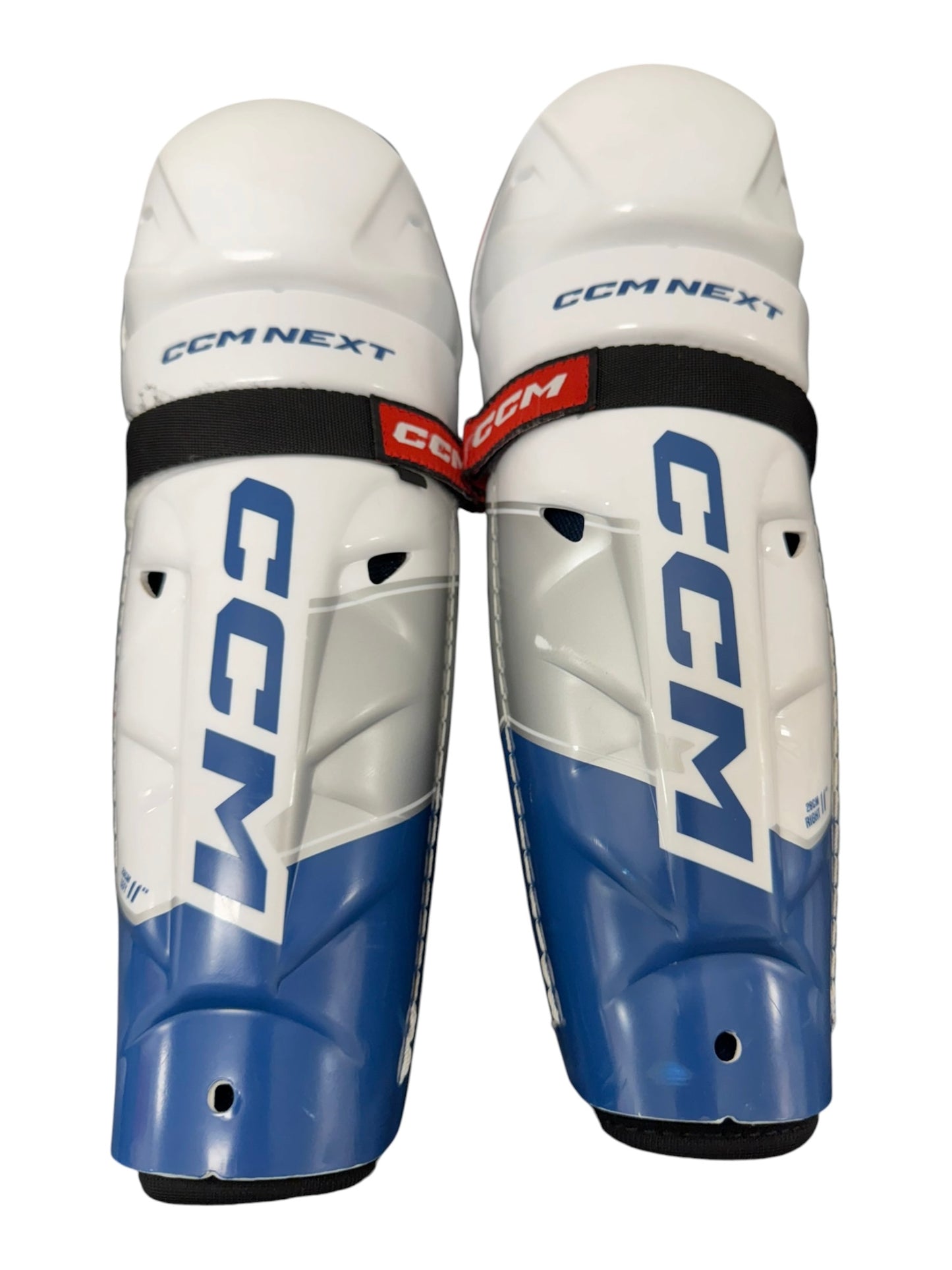 CCM NEXT Junior Ice Hockey Shin Pads – 11” – White/Blue – Used