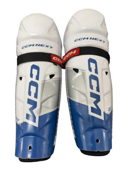 CCM NEXT Junior Ice Hockey Shin Pads – 11” – White/Blue – Used