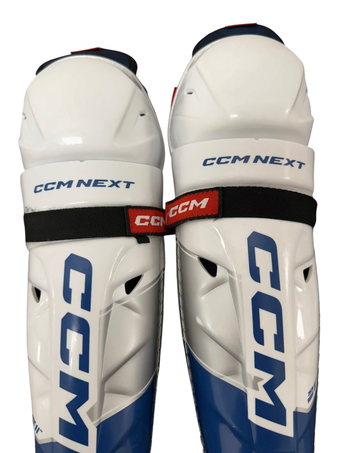 CCM NEXT Junior Ice Hockey Shin Pads – 11” – White/Blue – Used