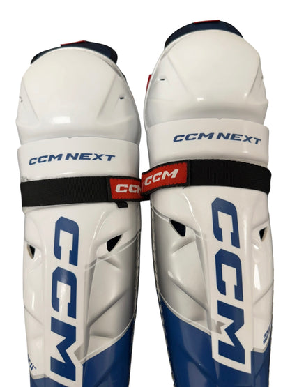 CCM NEXT Junior Ice Hockey Shin Pads – 11” – White/Blue – Used