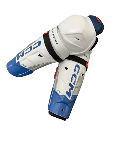CCM NEXT Junior Ice Hockey Shin Pads – 11” – White/Blue – Used