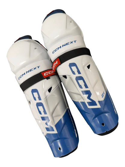 CCM NEXT Junior Ice Hockey Shin Pads – 11” – White/Blue – Used