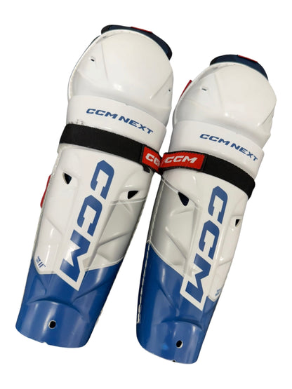 CCM NEXT Junior Ice Hockey Shin Pads – 11” – White/Blue – Used