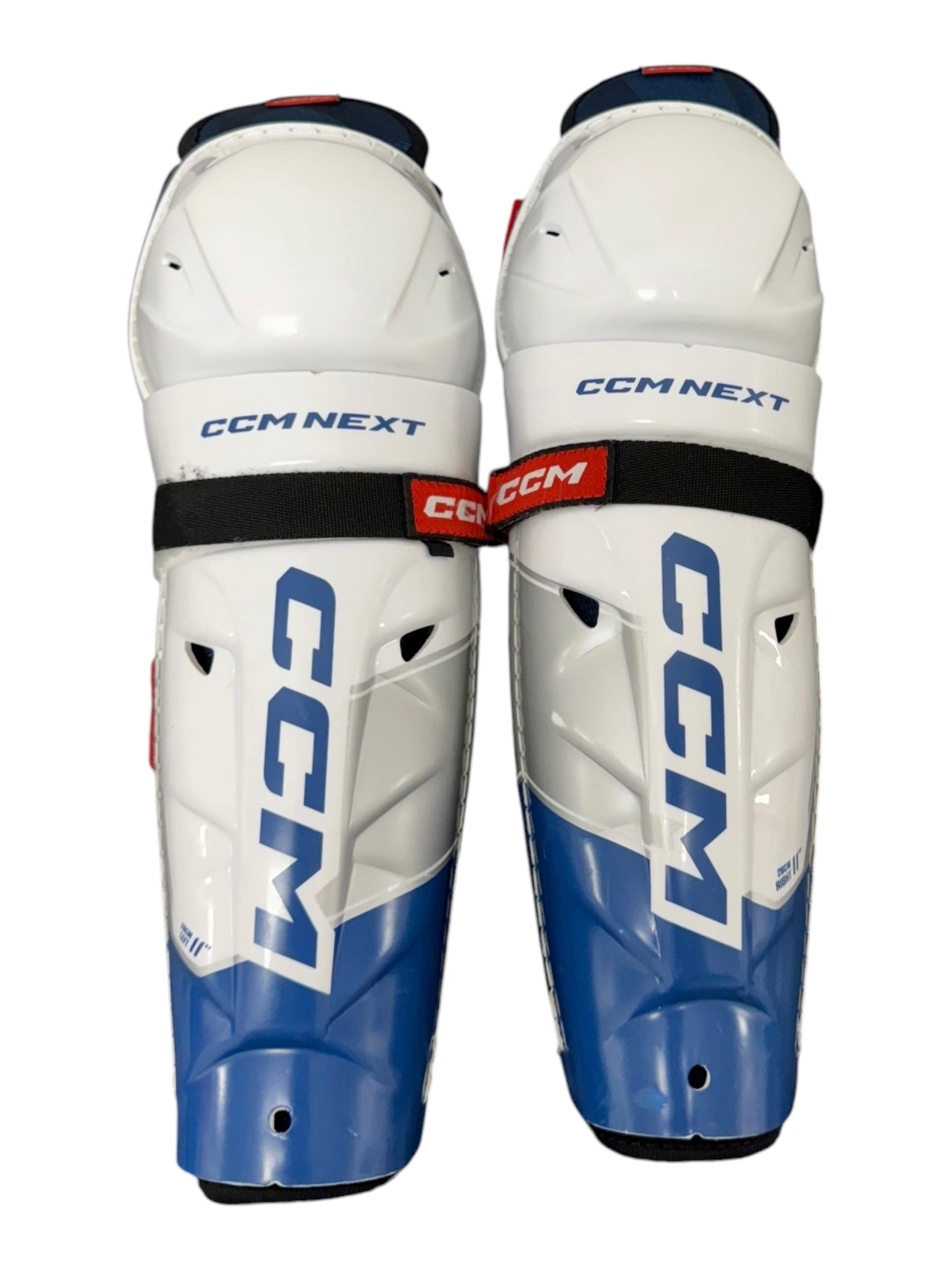 CCM NEXT Junior Ice Hockey Shin Pads – 11” – White/Blue – Used