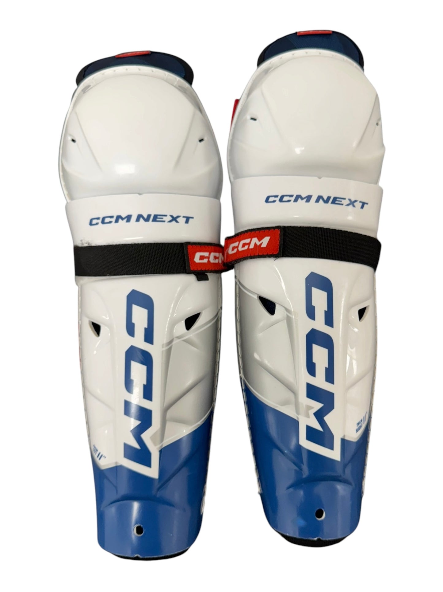 CCM NEXT Junior Ice Hockey Shin Pads – 11” – White/Blue – Used